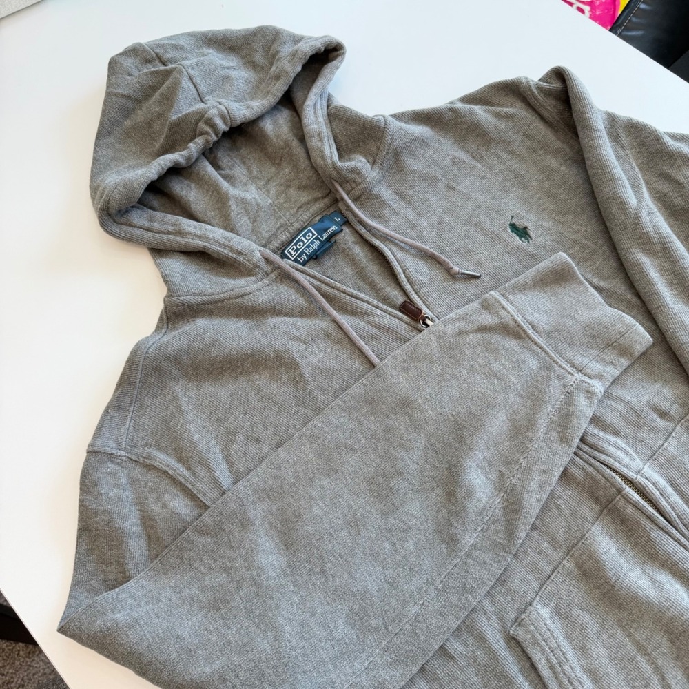 Polo Ralph Lauren Mens‎ Gray Waffle Knit Full Zip Hoodie Jacket Size Large L